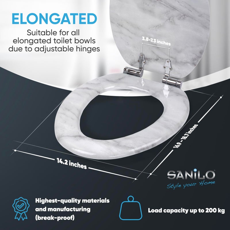 SANILO Wooden Toilet Seat with Soft Close [ELONGATED] - Decorative, Quiet & Slow Close Molded Wood Seat - With Strong Bumpers & Hinges - Adjustable Fit - Marble - Image 3